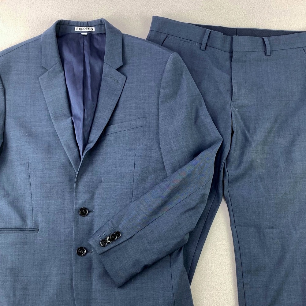Express Innovator 2-Piece Suit Mens 38 Blue Wool Blend Formal Wedding Skinny-Fit